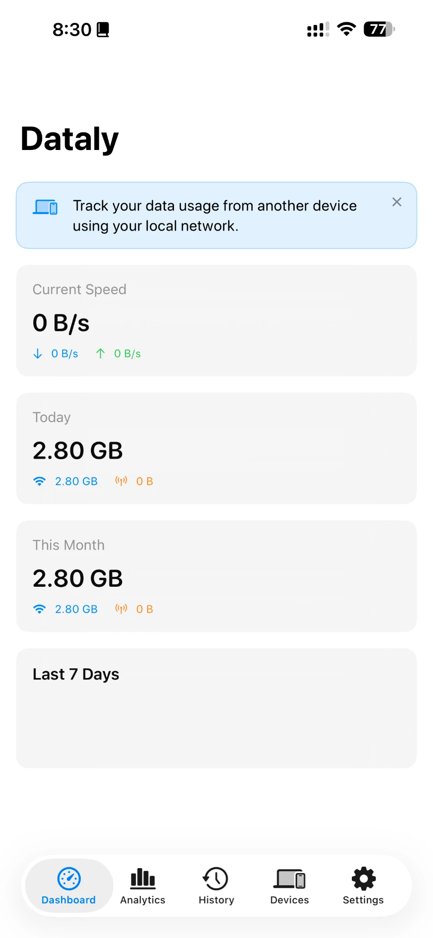 The Dataly dashboard showing current speed, today's usage and this month's usage